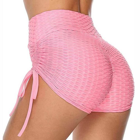High Rise Yoga Short Wide Waistband Ruched Shorts Hides tummy flab - Pink - Picture 1 of 7